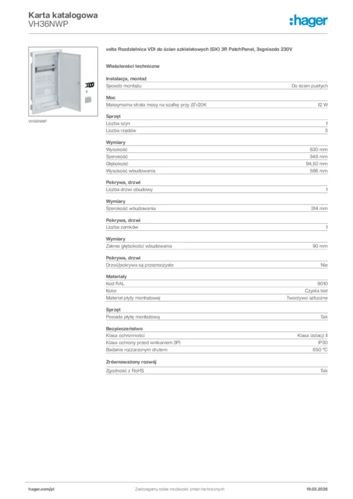 Zdjęcie Hager Karta katalogowa VH36NWP | Hager Polska