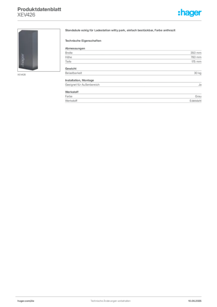 Bild Hager Produktdatenblatt XEV426 | Hager Deutschland