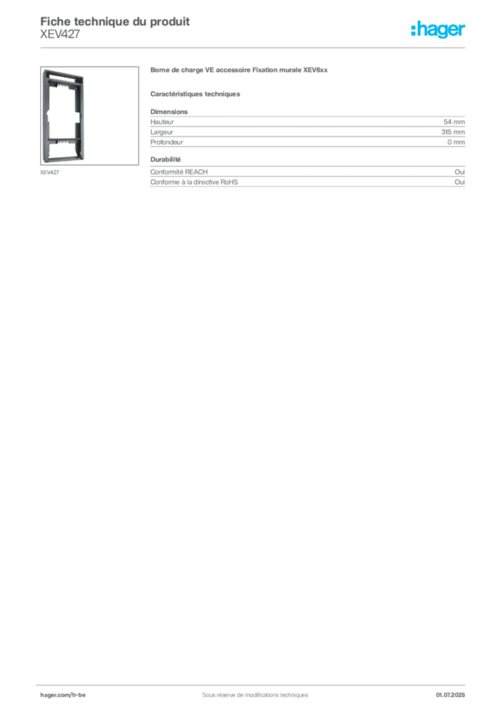 Image Hager Fiche technique du produit XEV427 | Hager Belgique
