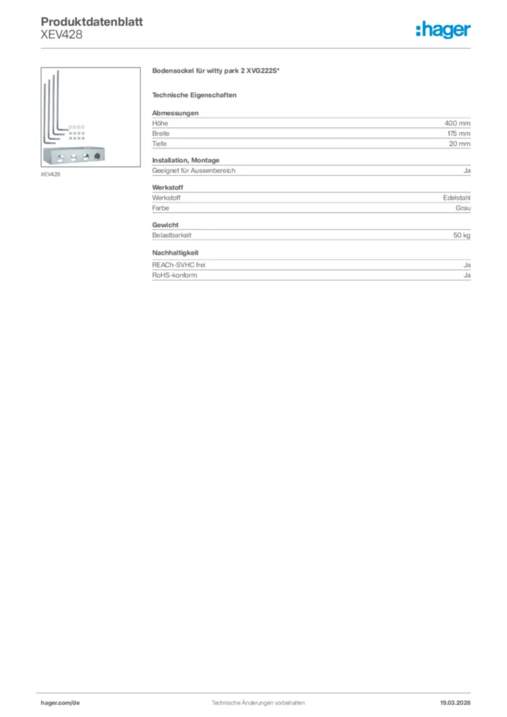 Bild Hager Produktdatenblatt XEV428 | Hager Deutschland
