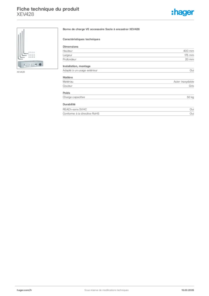 Image Hager Fiche technique du produit XEV428 | Hager France