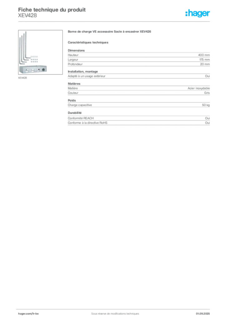 Image Hager Fiche technique du produit XEV428 | Hager Belgique