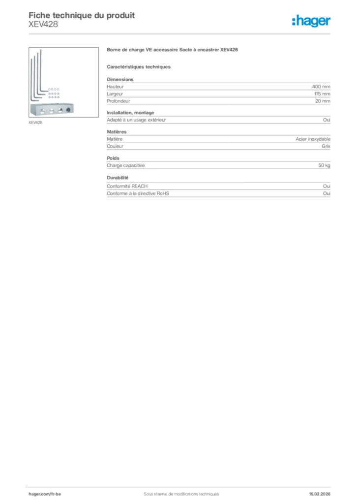 Image Hager Fiche technique du produit XEV428 | Hager Belgique