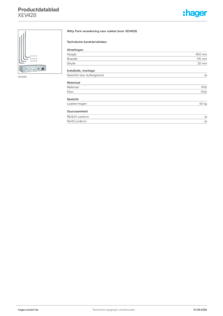 Afbeelding Hager Productdatablad XEV428 | Hager Belgium
