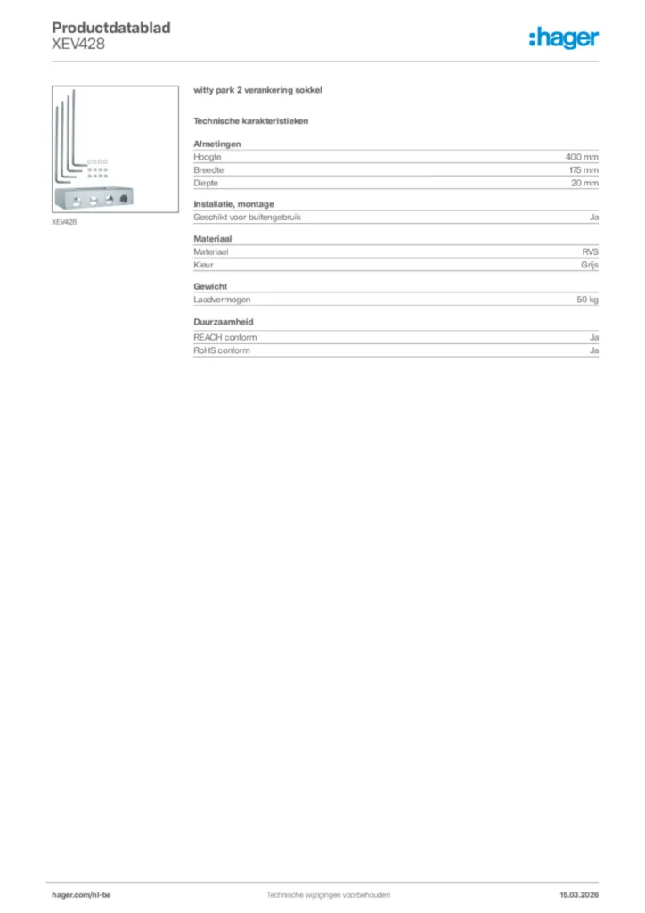 Afbeelding Hager Productdatablad XEV428 | Hager Belgium