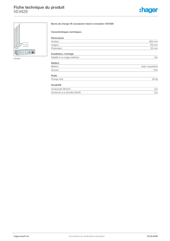 Image Hager Fiche technique du produit XEV428 | Hager Suisse