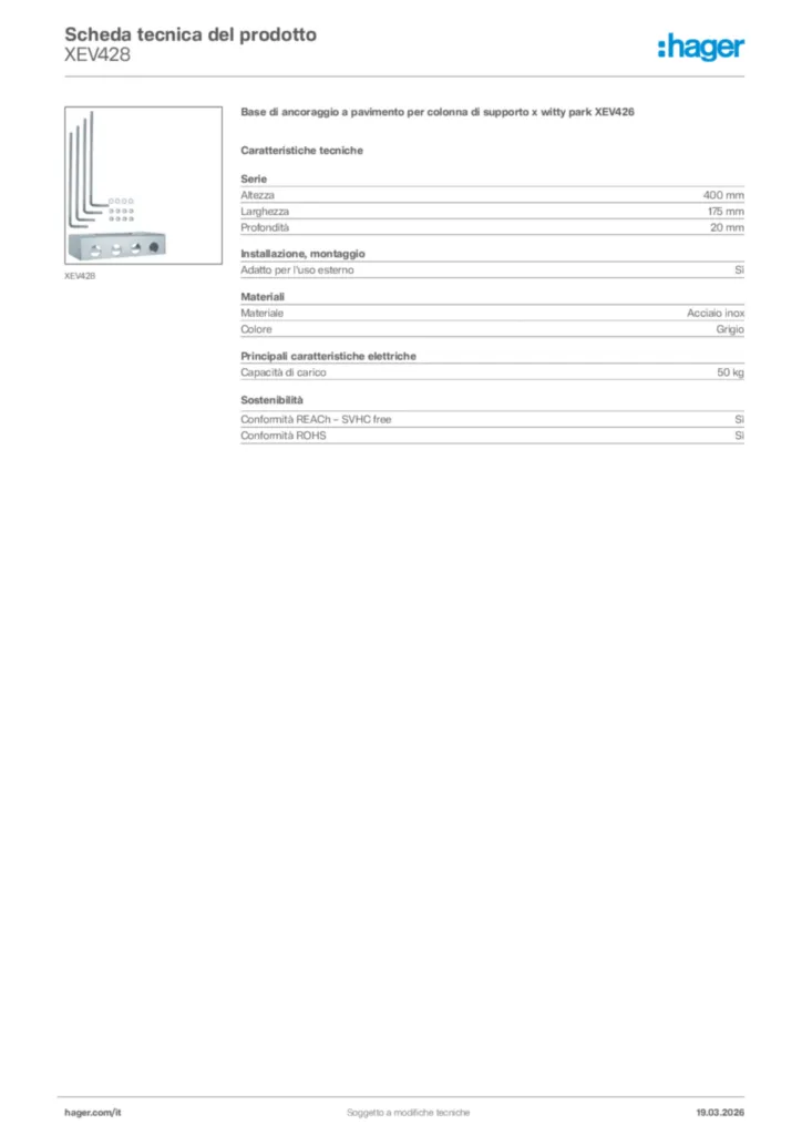 Immagine Hager Scheda tecnica del prodotto XEV428 | Hager Italia