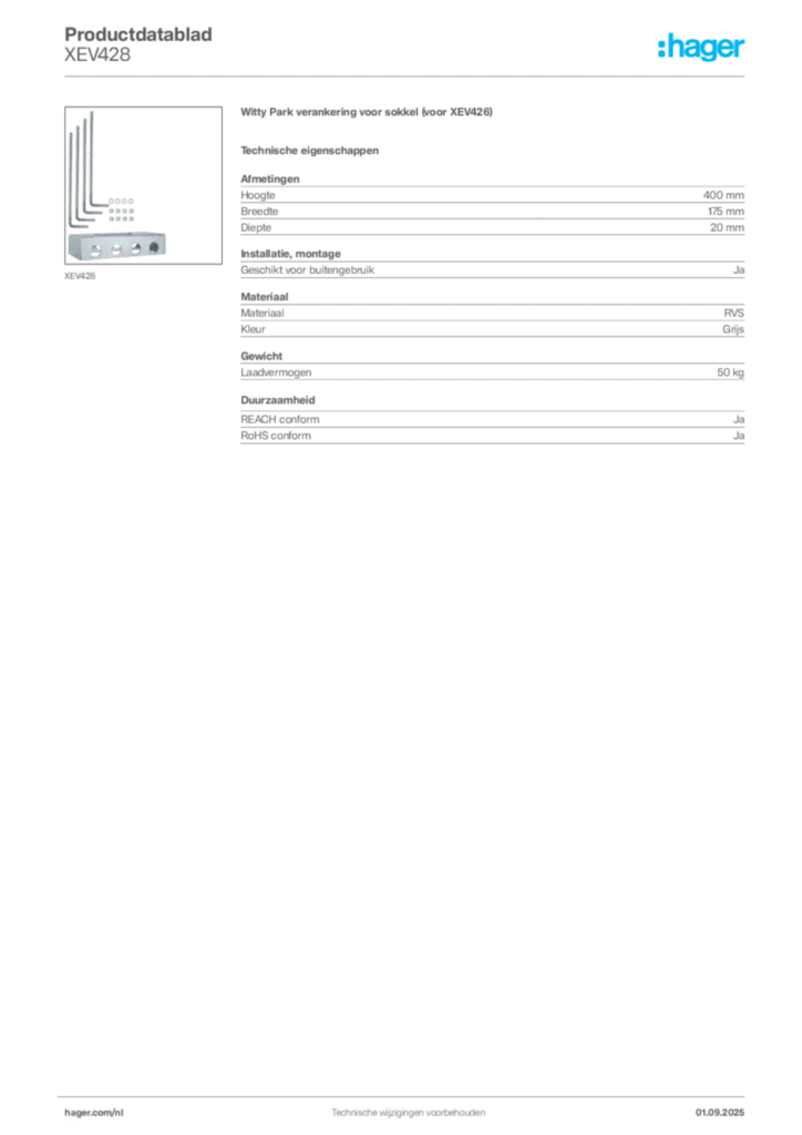 Afbeelding Hager Productdatablad XEV428 | Hager Nederland