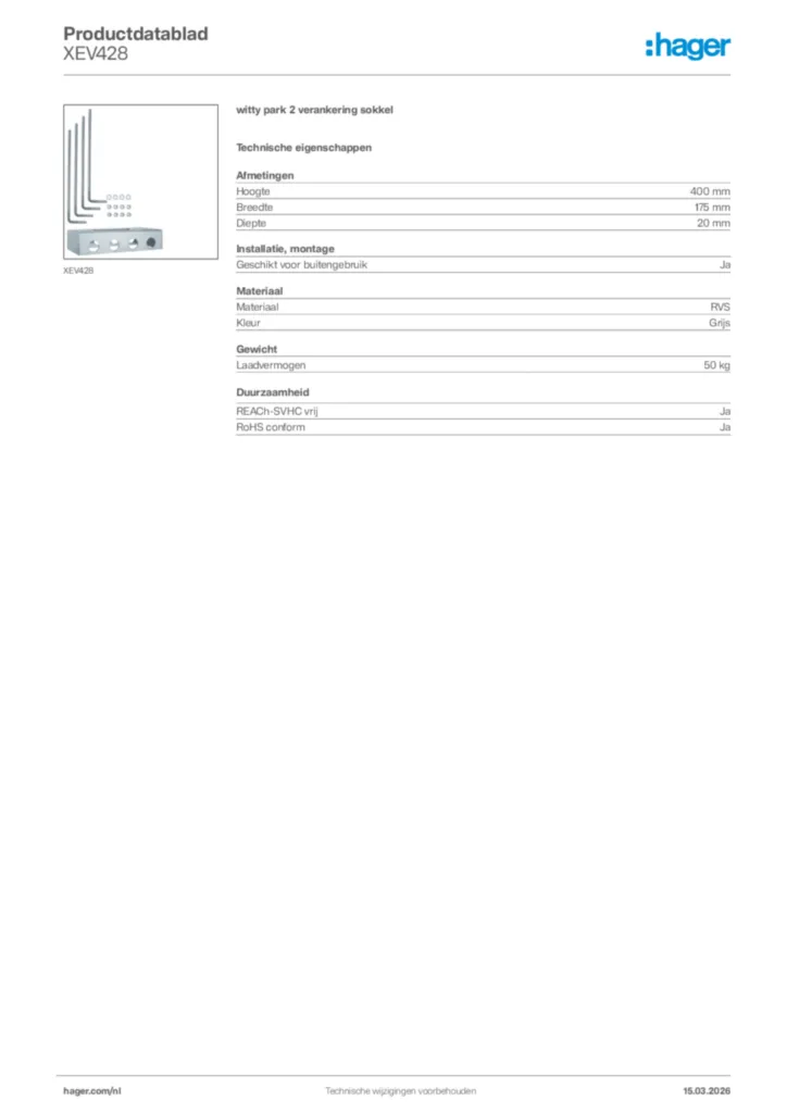 Afbeelding Hager Productdatablad XEV428 | Hager Nederland