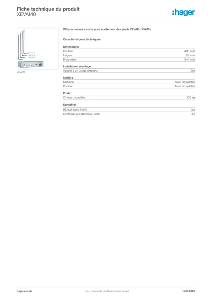 Image Hager Fiche technique du produit XEVA140 | Hager France