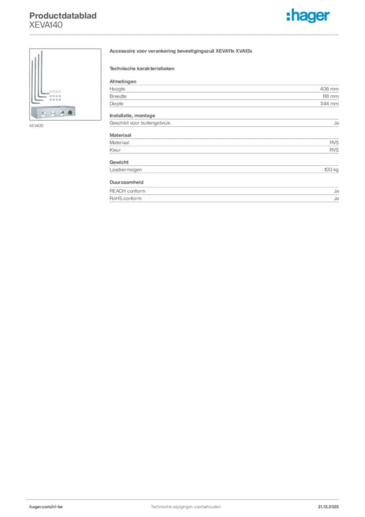 Afbeelding Hager Productdatablad XEVA140 | Hager Belgium