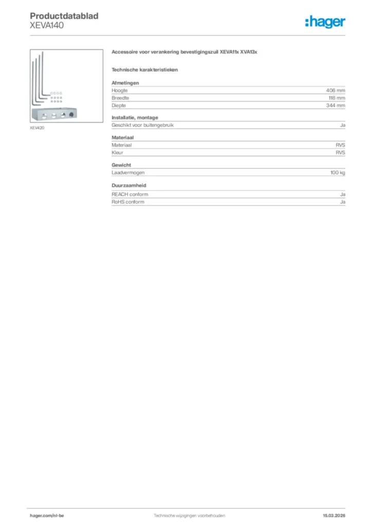 Afbeelding Hager Productdatablad XEVA140 | Hager Belgium