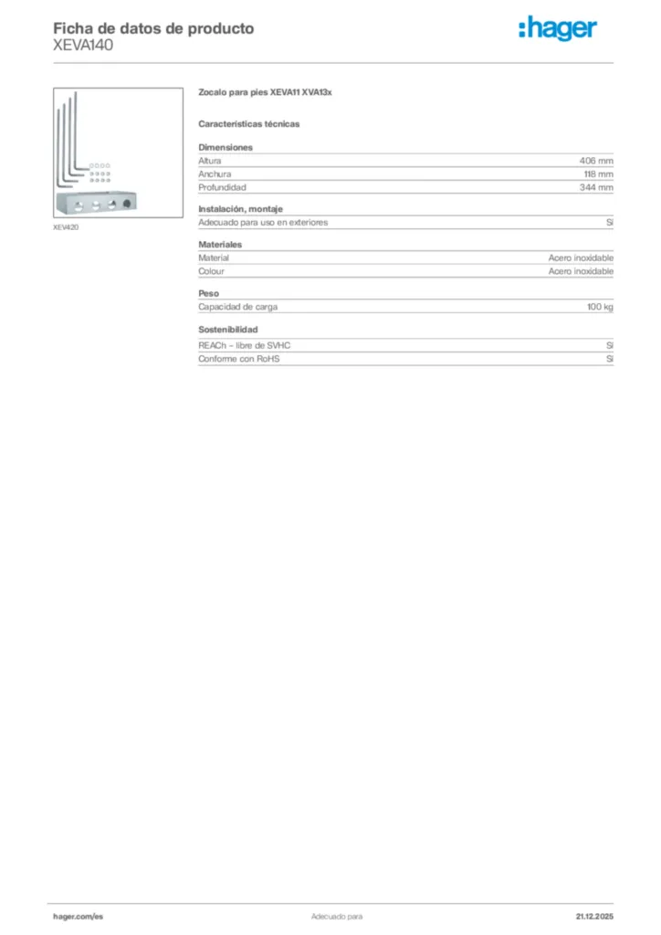 Imagen Hager Ficha de datos de producto XEVA140 | Hager España