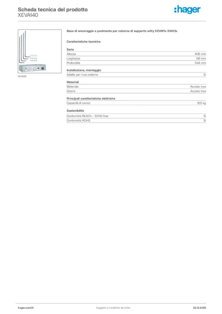 Immagine Hager Scheda tecnica del prodotto XEVA140 | Hager Italia