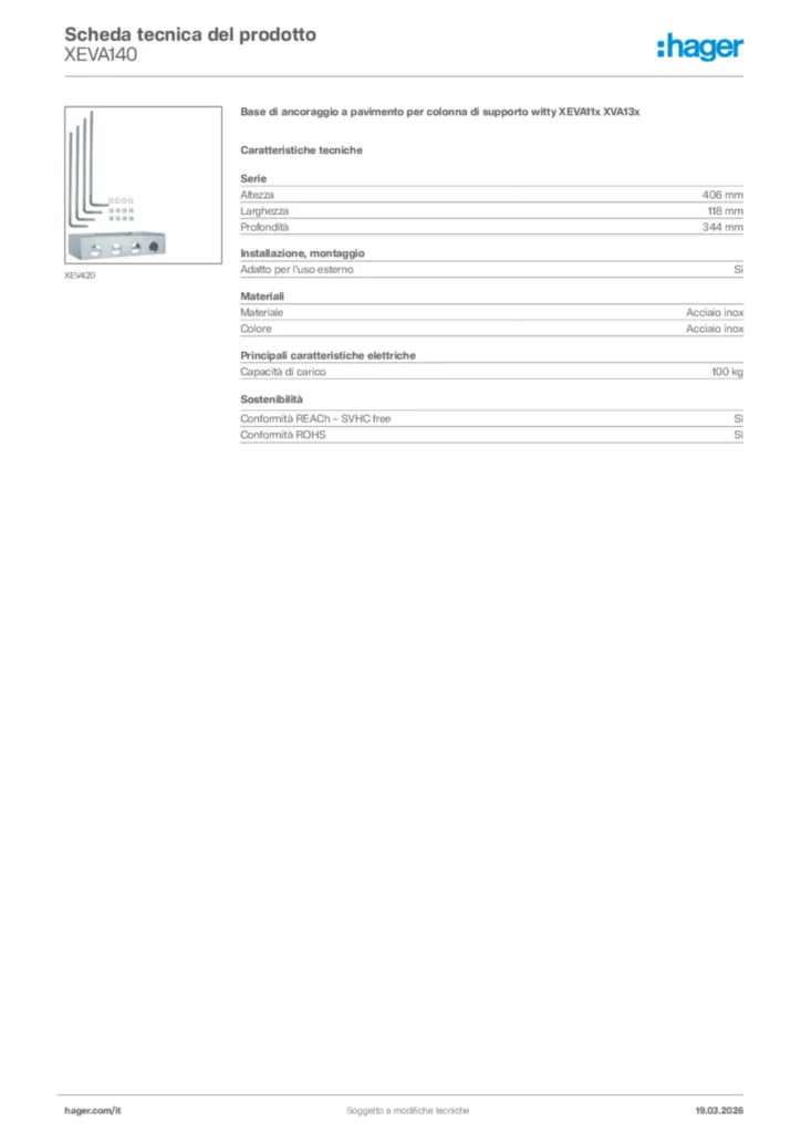 Immagine Hager Scheda tecnica del prodotto XEVA140 | Hager Italia