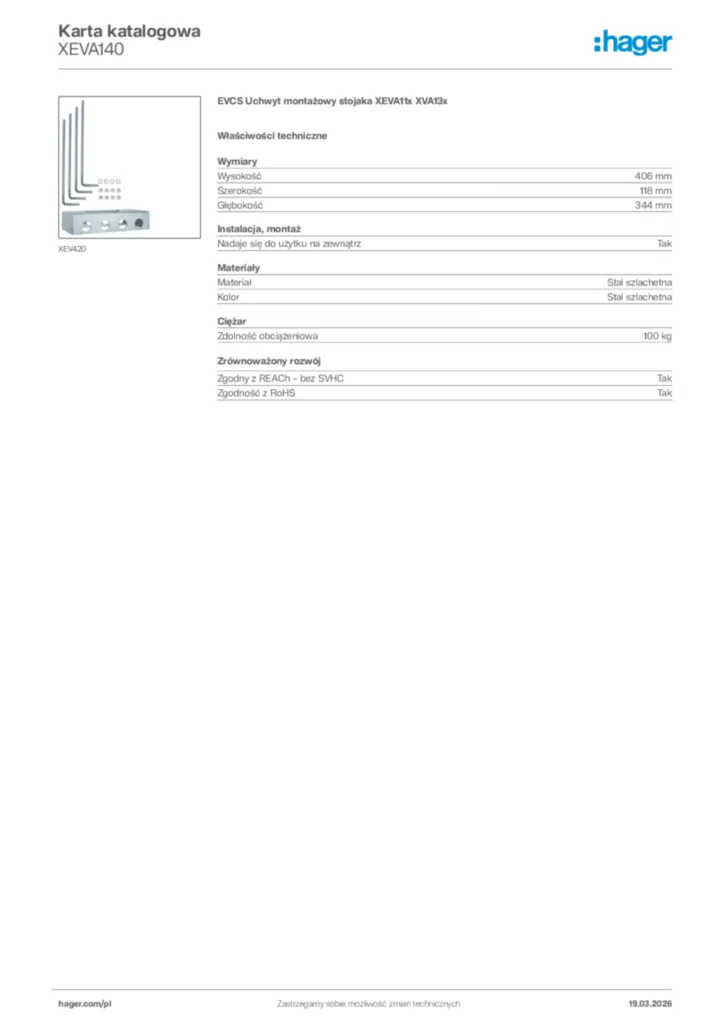Zdjęcie Hager Karta katalogowa XEVA140 | Hager Polska