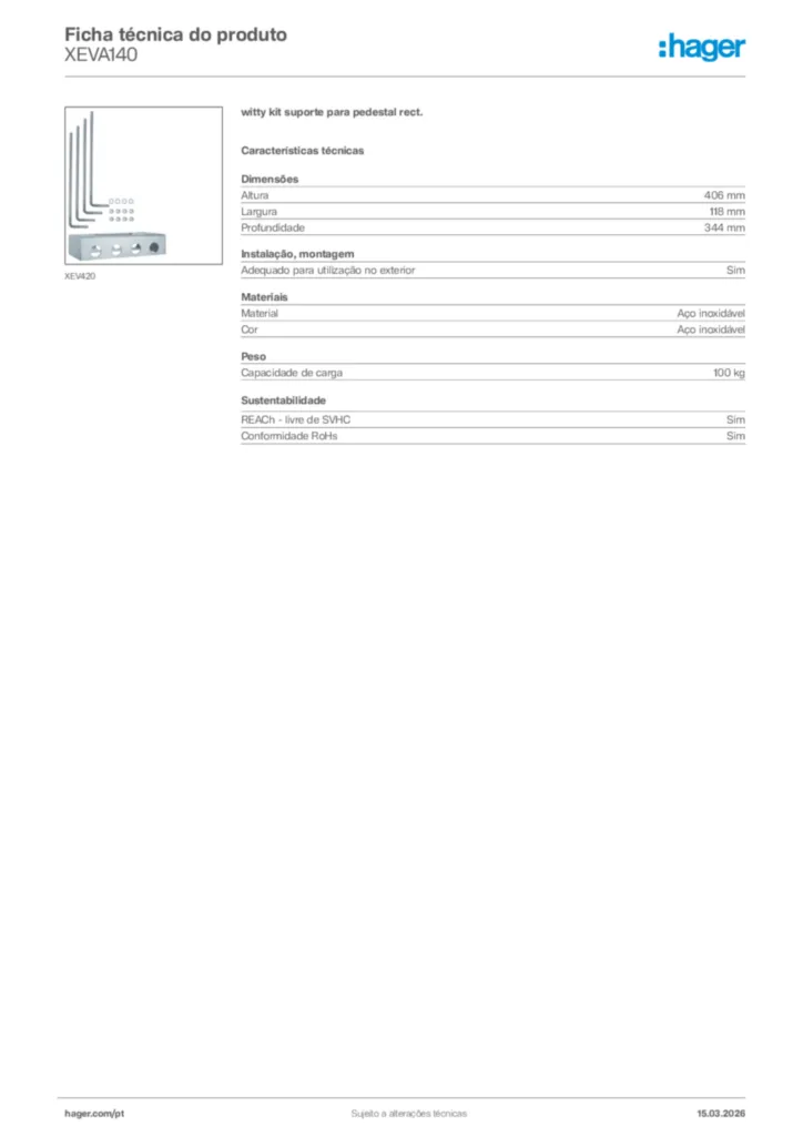 Imagem Hager Ficha técnica do produto XEVA140 | Hager Portugal