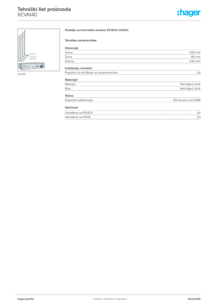 Slika Hager Product data sheet XEVA140  | Hager