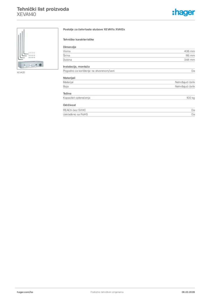 Slika Hager Tehnički list proizvoda XEVA140  | Hager