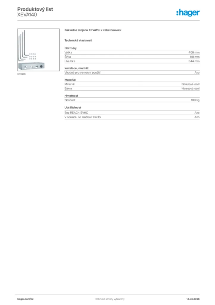 Obrázek Hager Product data sheet XEVA140 | Hager