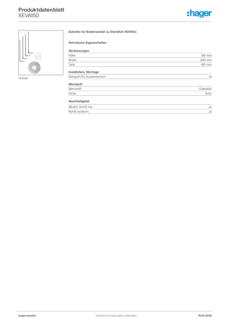 Bild Hager Produktdatenblatt XEVA150 | Hager Deutschland