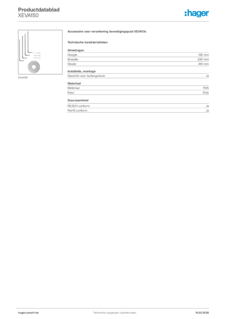 Afbeelding Hager Productdatablad XEVA150 | Hager Belgium