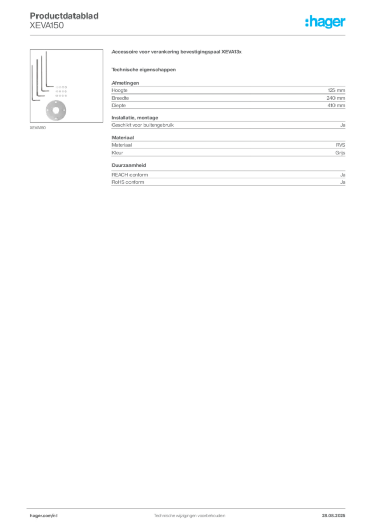 Afbeelding Hager Productdatablad XEVA150 | Hager Nederland