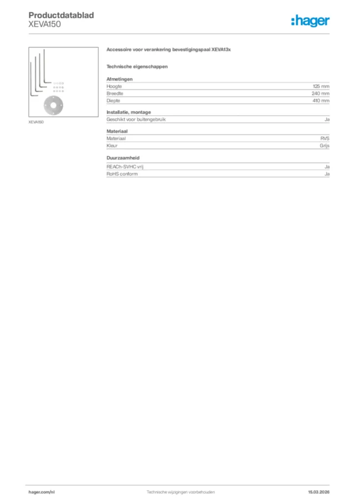 Afbeelding Hager Productdatablad XEVA150 | Hager Nederland