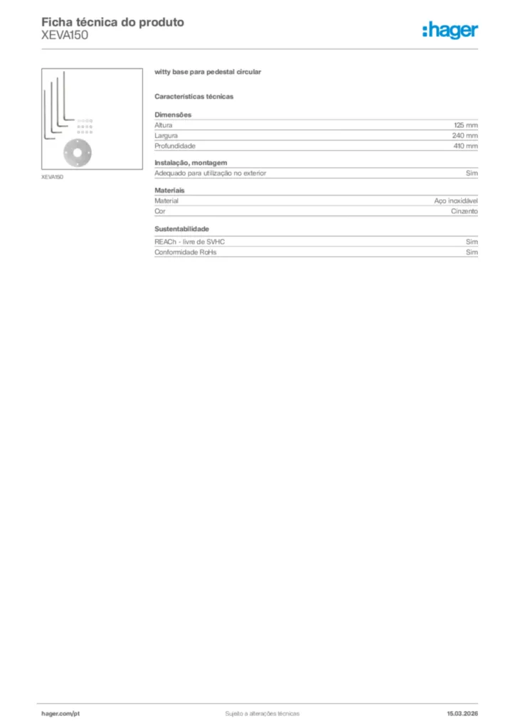 Imagem Hager Ficha técnica do produto XEVA150 | Hager Portugal