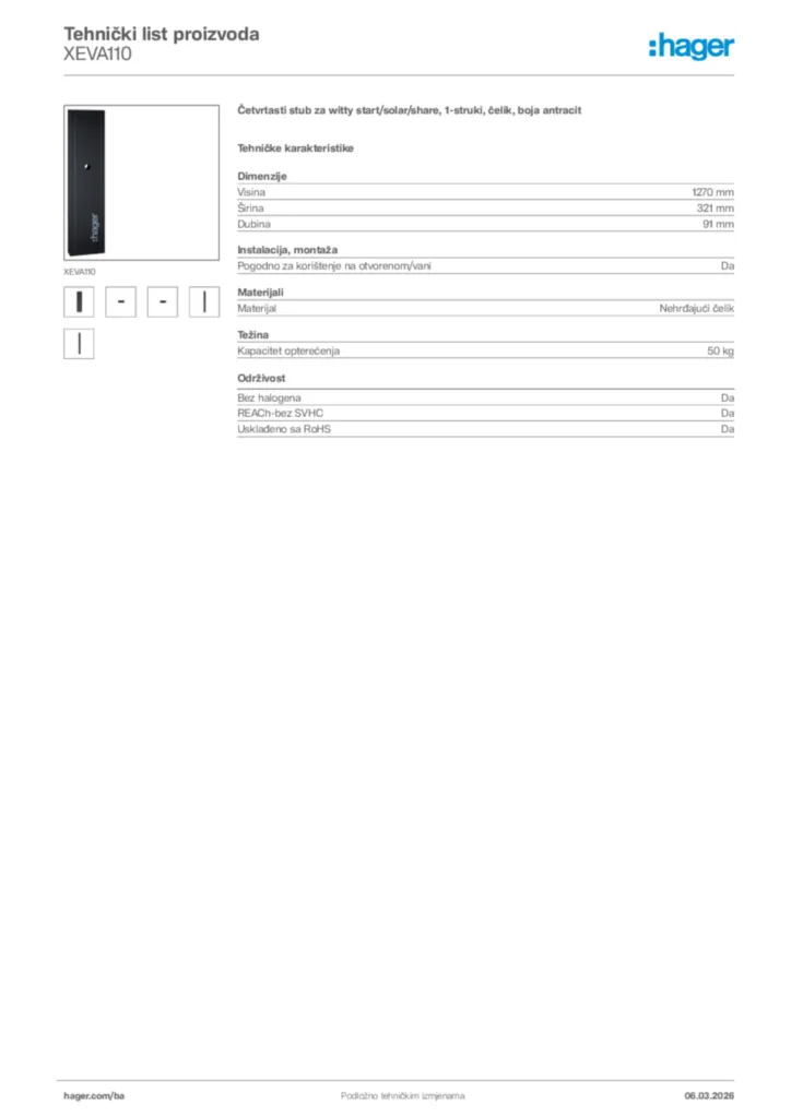 Slika Hager Tehnički list proizvoda XEVA110  | Hager
