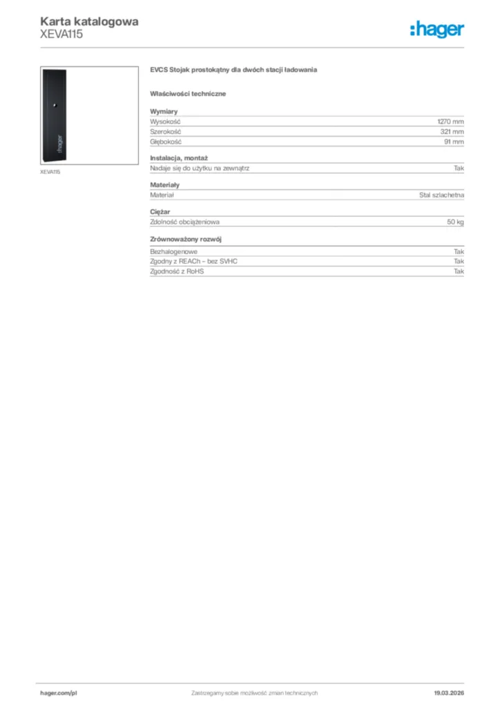 Zdjęcie Hager Karta katalogowa XEVA115 | Hager Polska