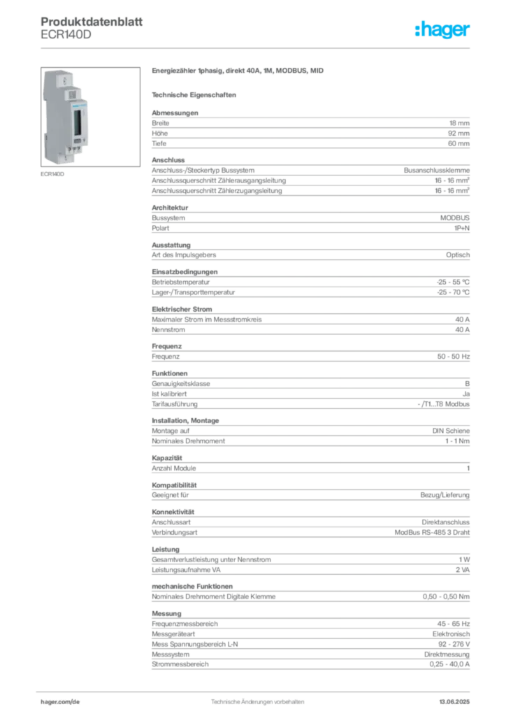 Bild Hager Produktdatenblatt ECR140D | Hager Deutschland