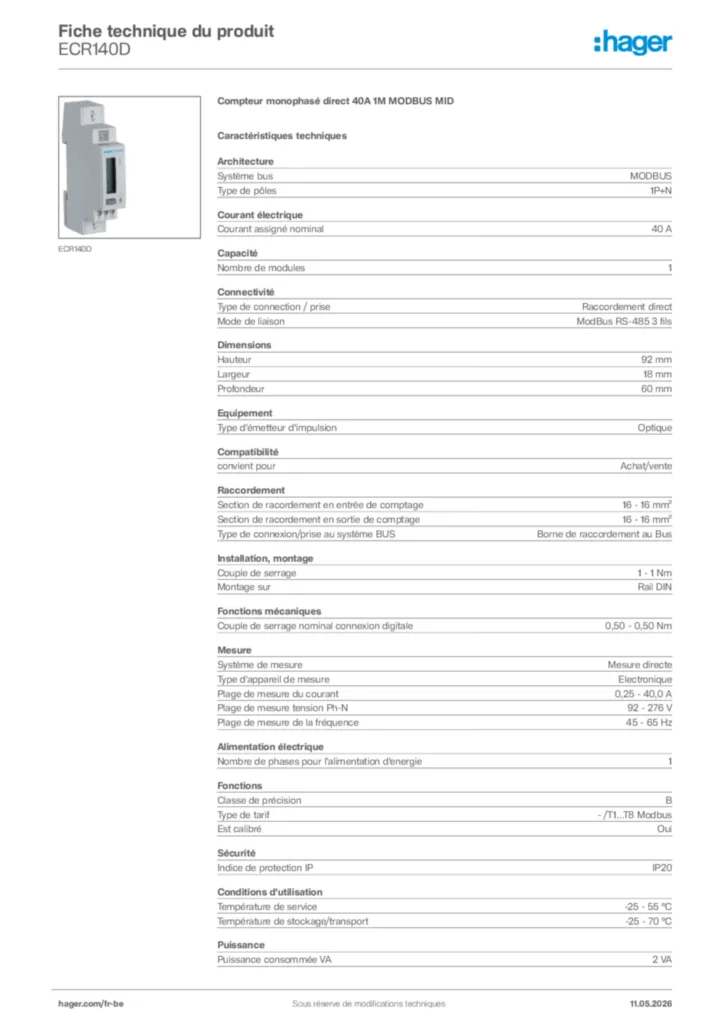 Image Hager Fiche technique du produit ECR140D | Hager Belgique