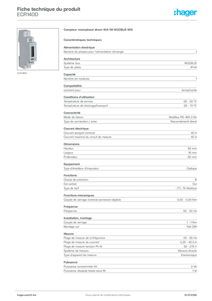 Image Hager Fiche technique du produit ECR140D | Hager Belgique