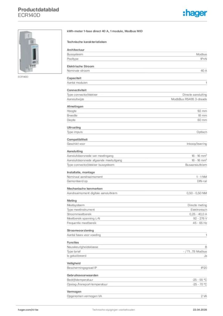 Afbeelding Hager Productdatablad ECR140D | Hager Belgium
