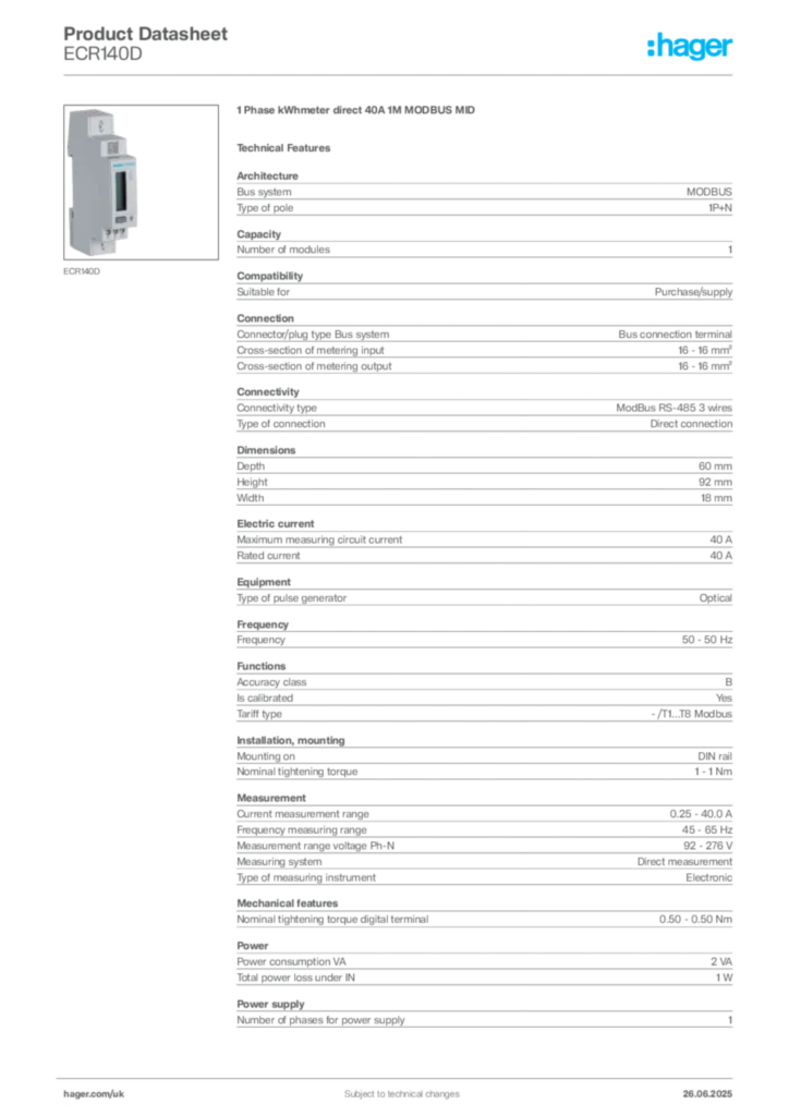 Image Hager Product data sheet ECR140D  | Hager