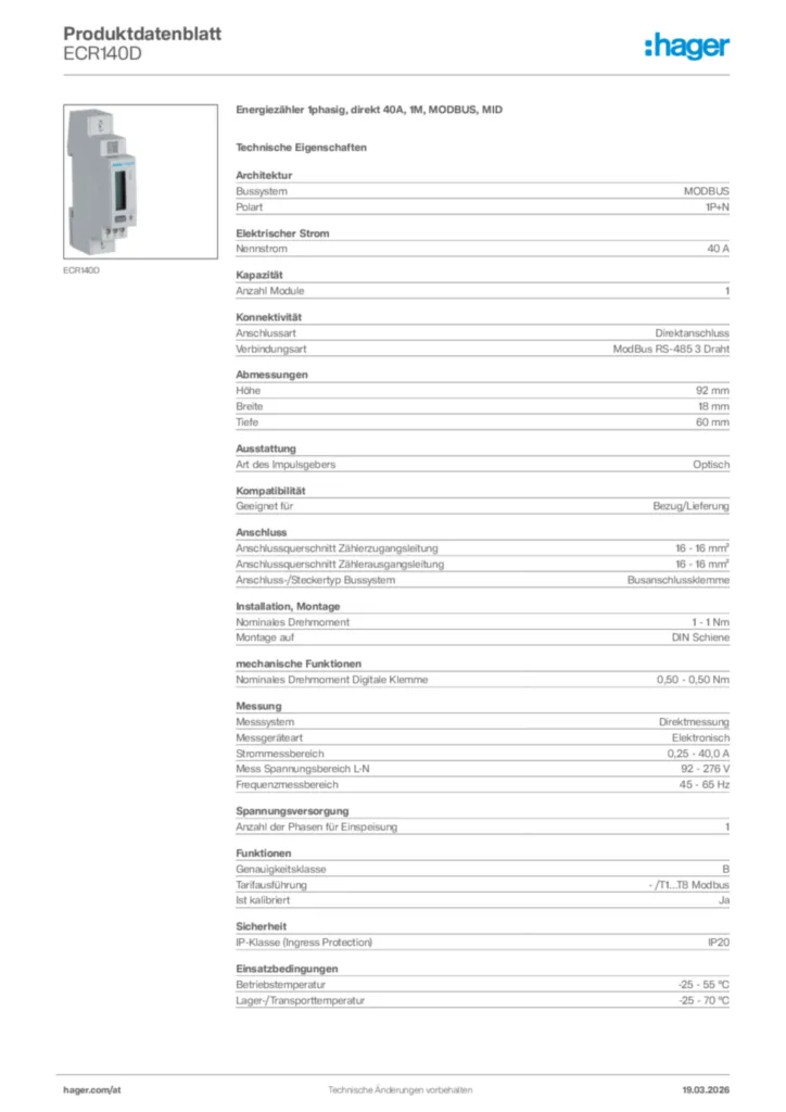 Bild Hager Produktdatenblatt ECR140D | Hager Deutschland