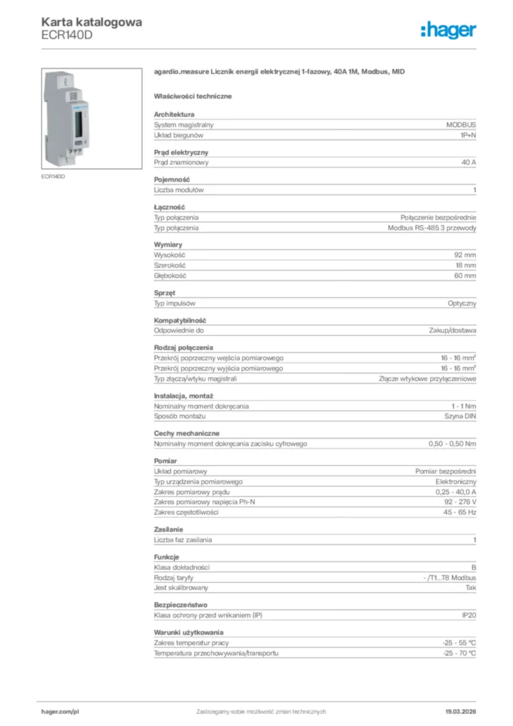 Zdjęcie Hager Karta katalogowa ECR140D | Hager Polska