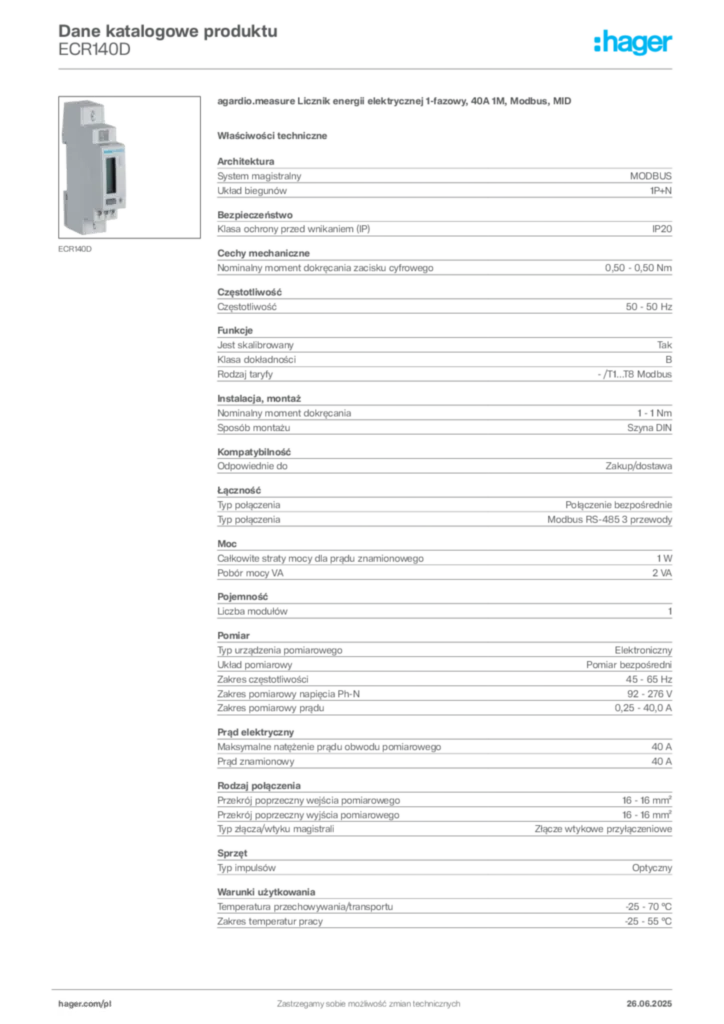 Zdjęcie Hager Dane katalogowe produktu ECR140D | Hager Polska