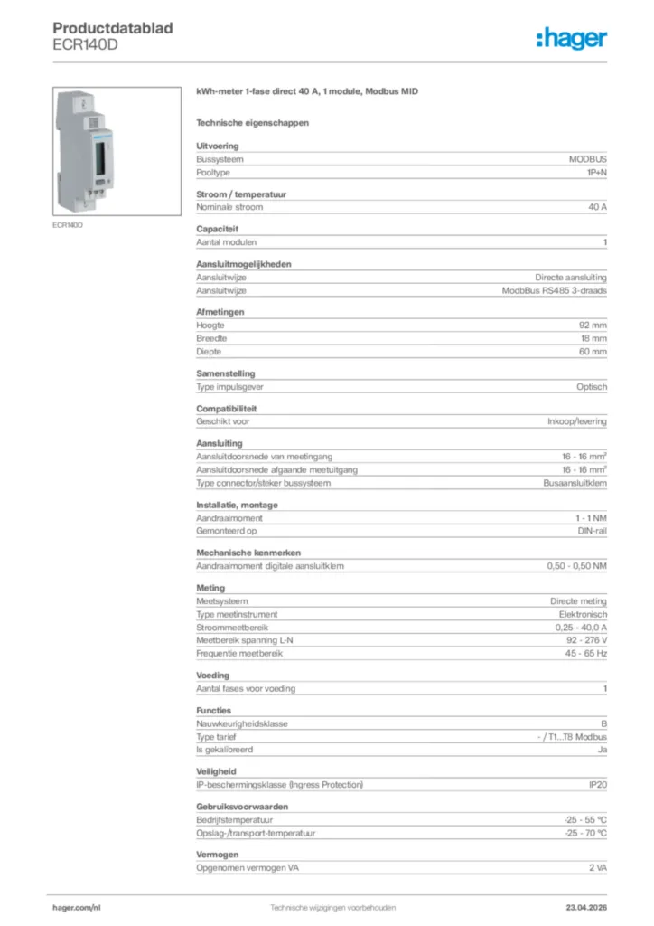 Afbeelding Hager Productdatablad ECR140D | Hager Nederland