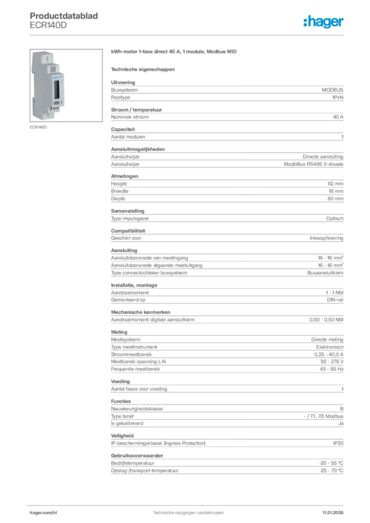 Afbeelding Hager Productdatablad ECR140D | Hager Nederland
