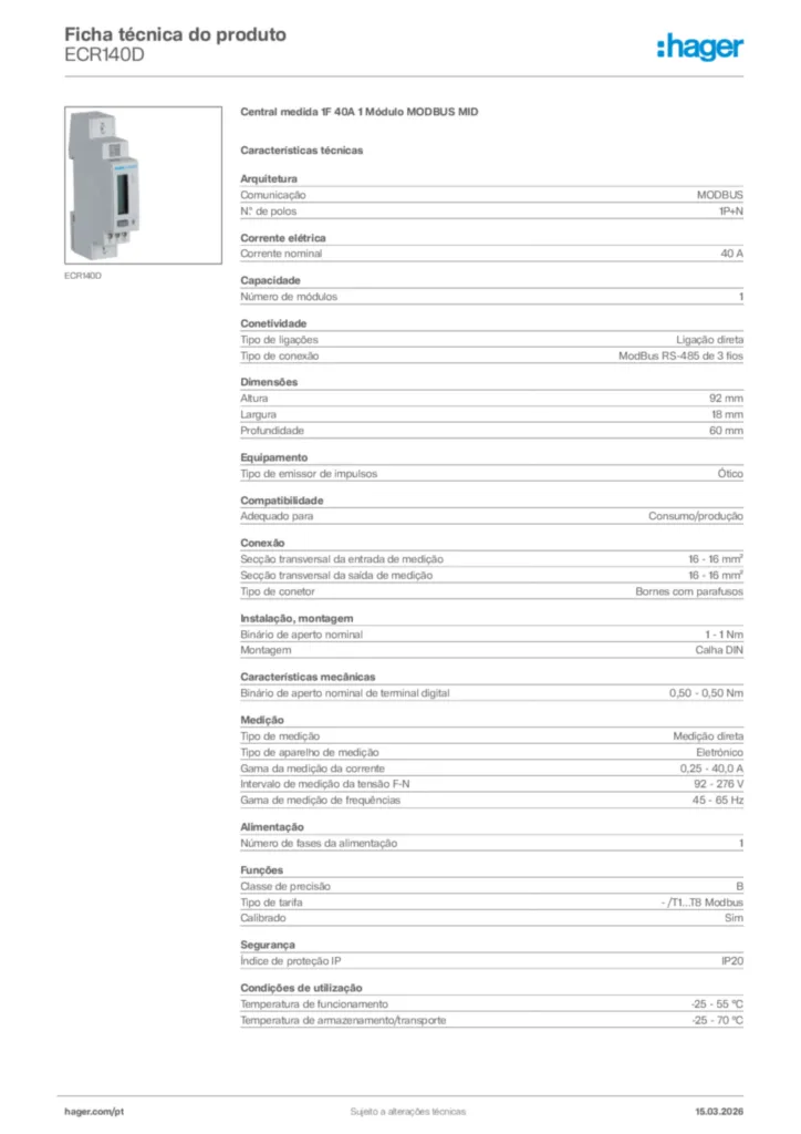 Imagem Hager Ficha técnica do produto ECR140D | Hager Portugal