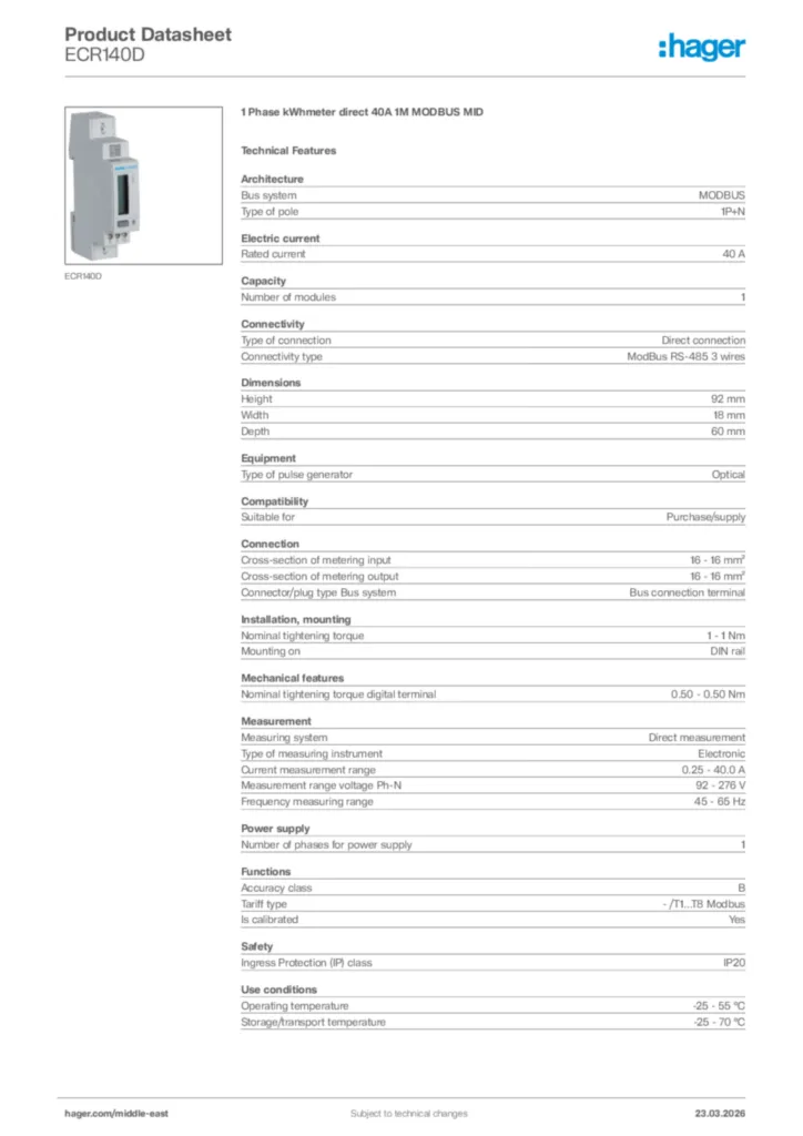 Image Hager Product data sheet ECR140D  | Hager