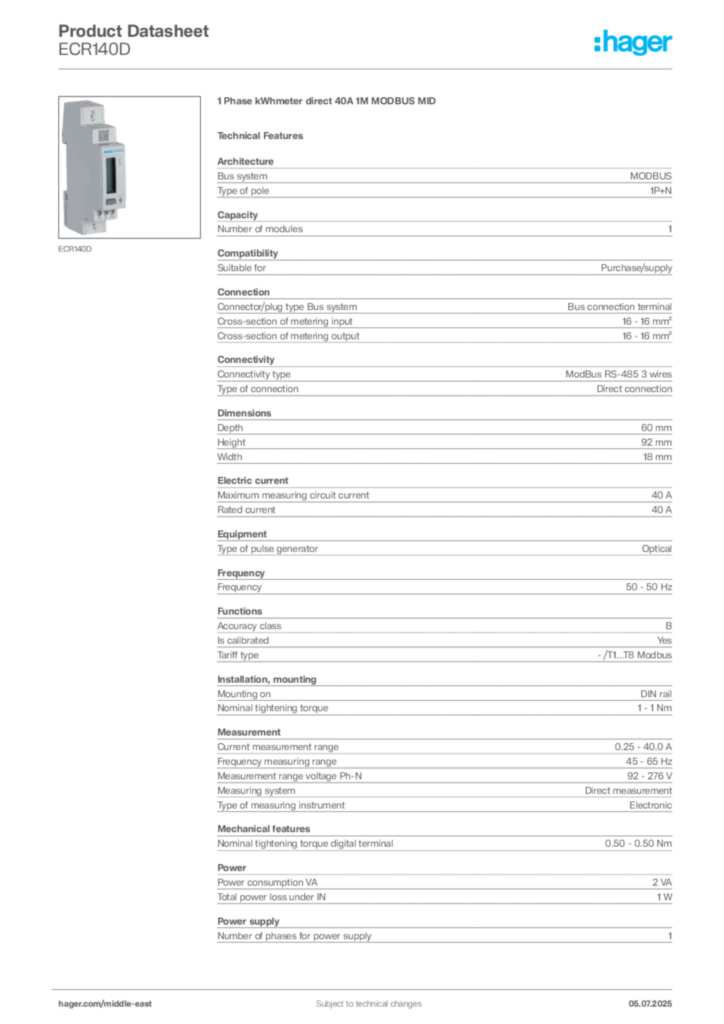 Image Hager Product data sheet ECR140D  | Hager