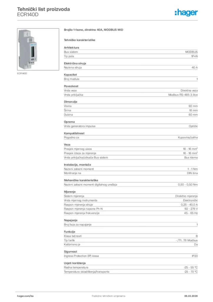 Slika Hager Tehnički list proizvoda ECR140D  | Hager
