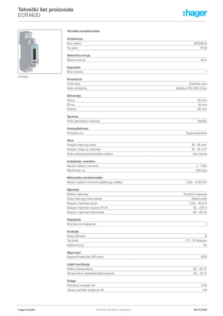Slika Hager Product data sheet ECR140D  | Hager
