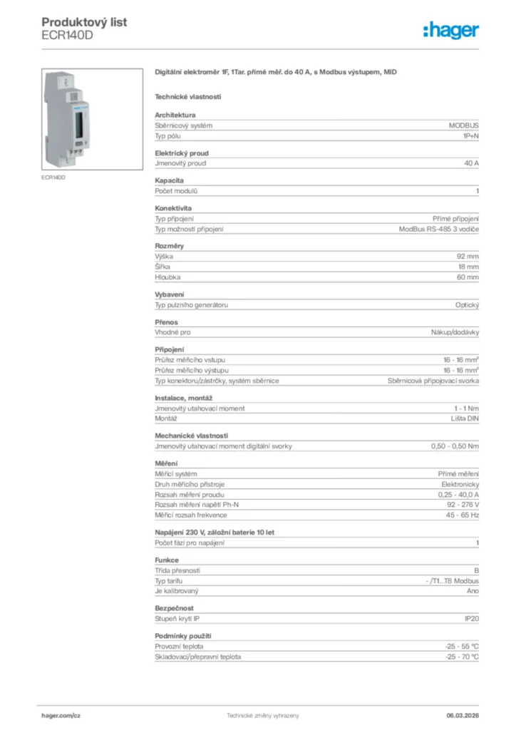 Obrázek Hager Product data sheet ECR140D | Hager