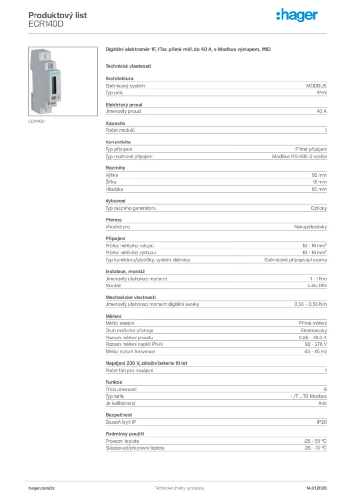Obrázek Hager Product data sheet ECR140D | Hager