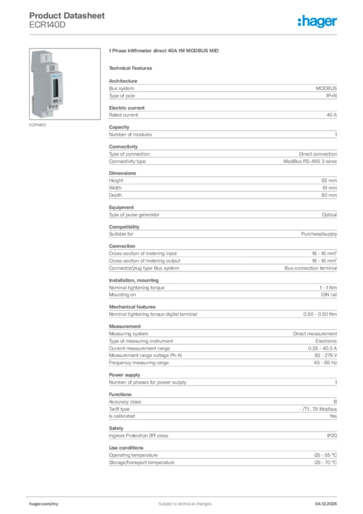 Image Hager Product data sheet ECR140D  | Hager