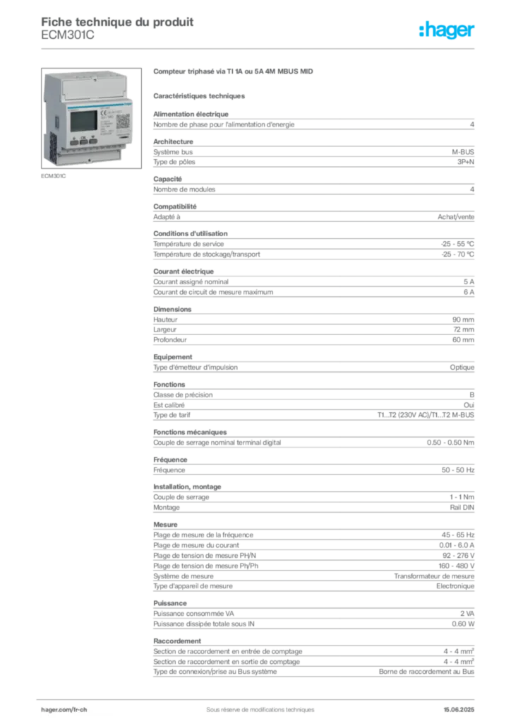 Image Hager Fiche technique du produit ECM301C | Hager Suisse
